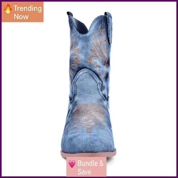 Women's Ankle Booties Pointed Toe Western Cowgirl Boots Chunky Heel - Picture 4 of 8